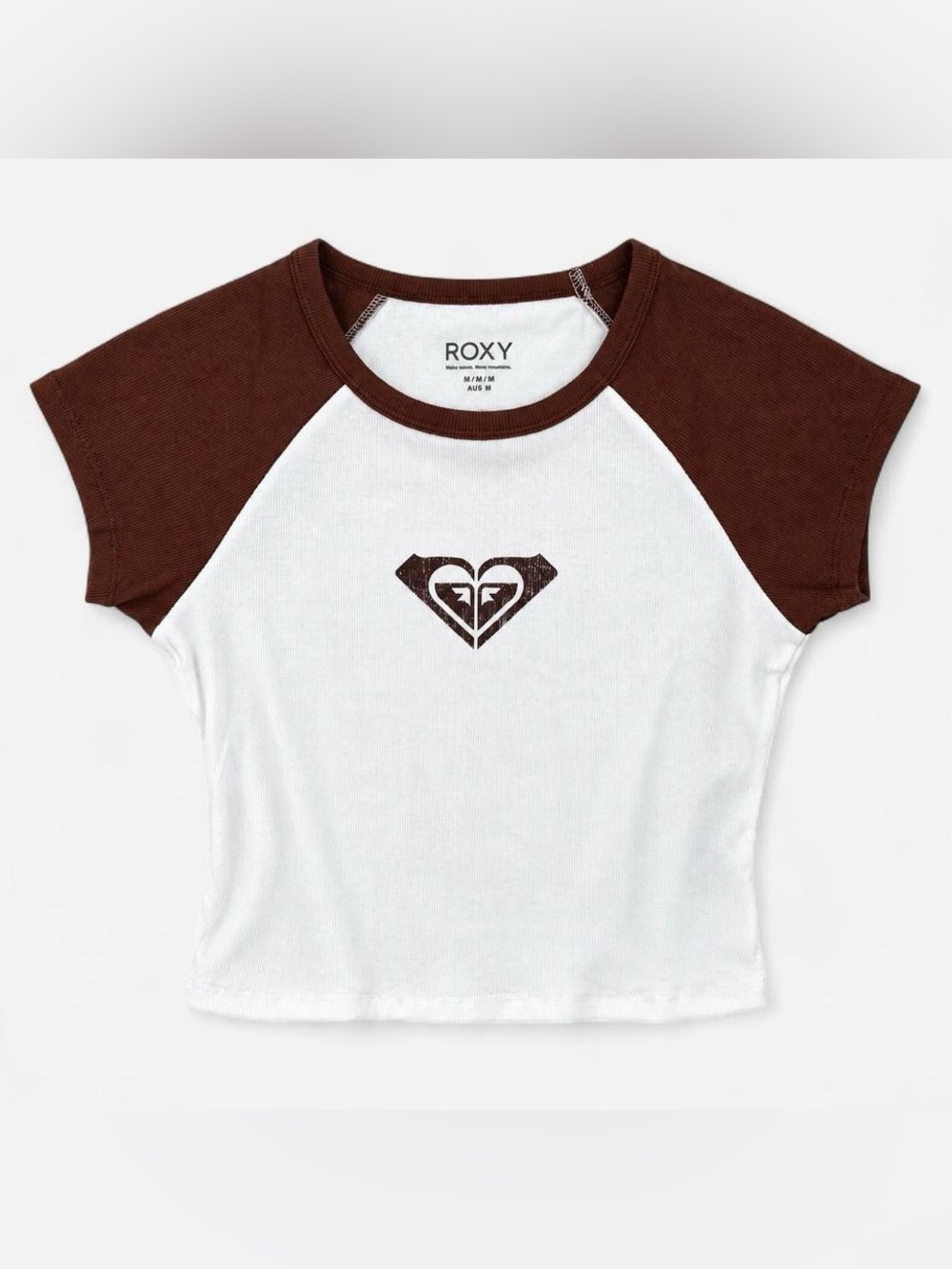 Roxy Women’s M Brown White Ribbed Raglan Baby Tee Y2K Surf Logo Crop Top NWT